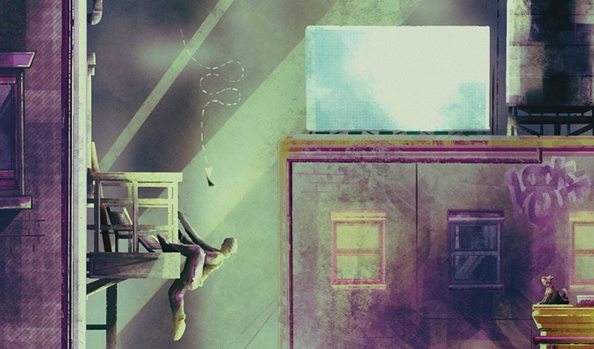 An illustration called The Feather and the Rock by UWE student Archie MacLeod shows a city scape with a man climbing into a window 