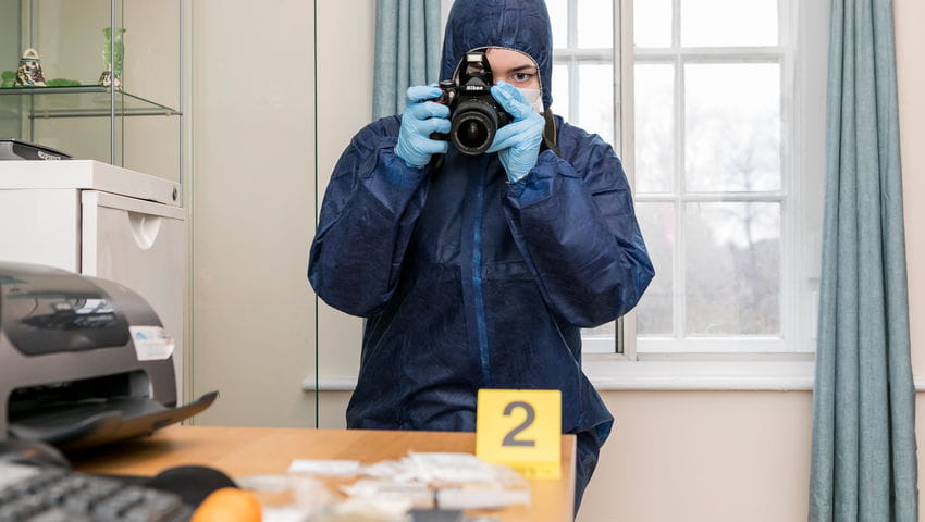 Forensic Science Students inside the UWE Bristol simulation Crime Scene House.