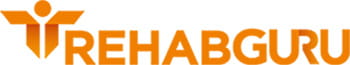 Logo for RehabGuru showing orange text and symbol on white background.