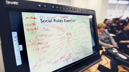 White board demonstrating a social roles exercise of who we come into contact with every day