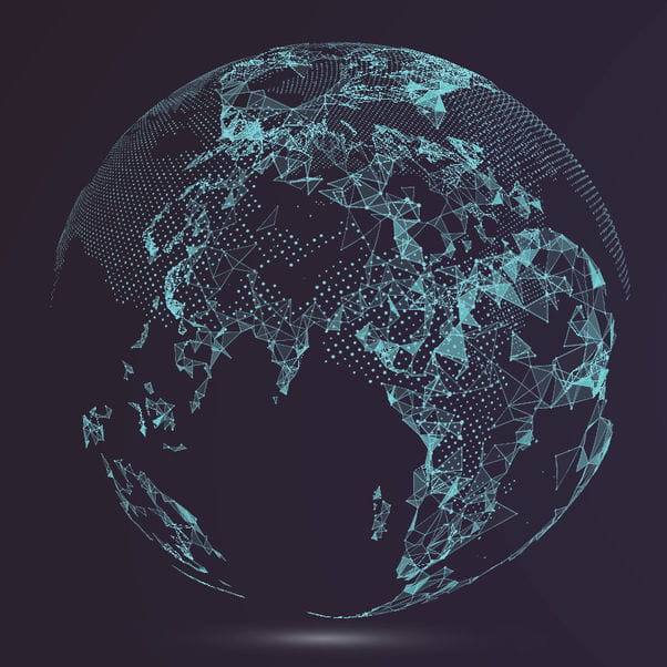 Illustration of a three-dimensional Earth in a soft blue colour against a black background. 