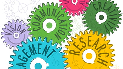 Illustration of 8 multi-coloured cogs representing the core activities of the Science Communication Unit: Research, Engagement, Communication, Creativity, Vision, Idea, Concept and Inclusivity.