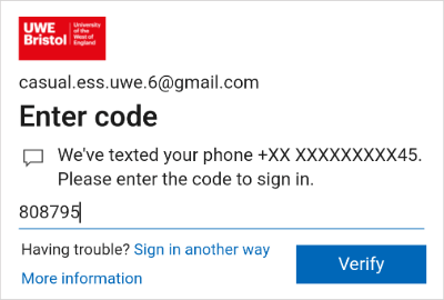 'Enter code' screen