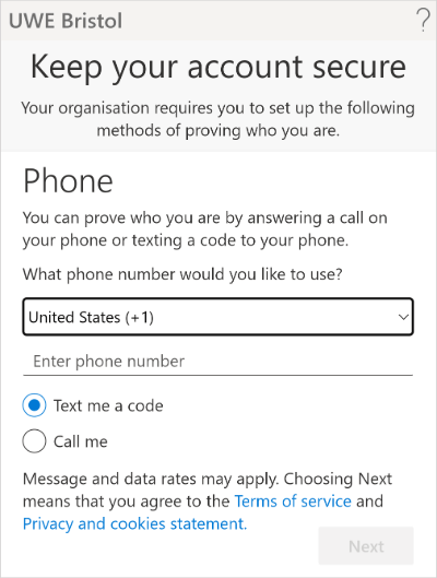 'Phone' screen with dialling code dropdown and phone number entry