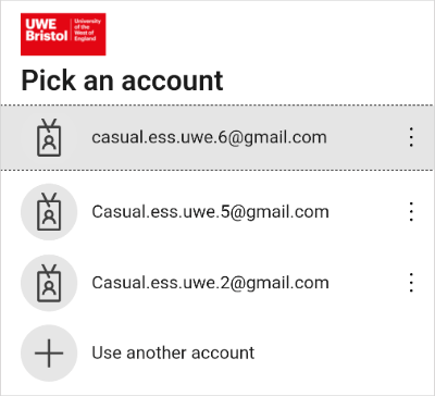 'Pick an account' screen