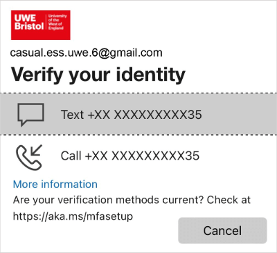 'Verify your identity' screen with 'Text' highlighted