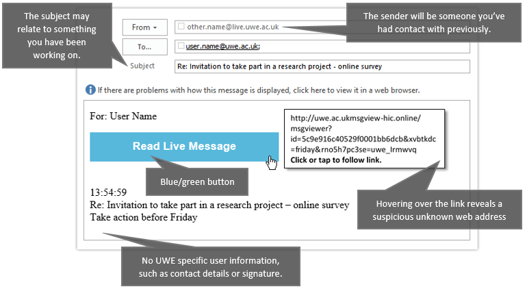 A screenshot of the same email with phishing signs highlighted as follows: The sender will be someone you've had contact with previously; The subject may relate to something you have been working on; The body text will contact a blue/green button; Hovering over the link reveals a suspicious unknown web address; No UWE specific user information, such as contact details or signature.