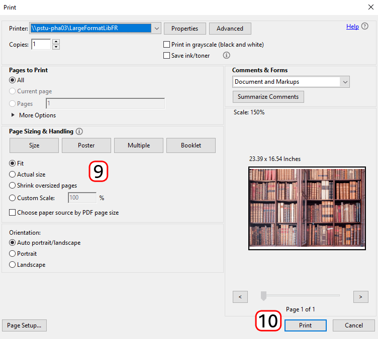 Print window with 'Page Sizing & Handling' highlighted