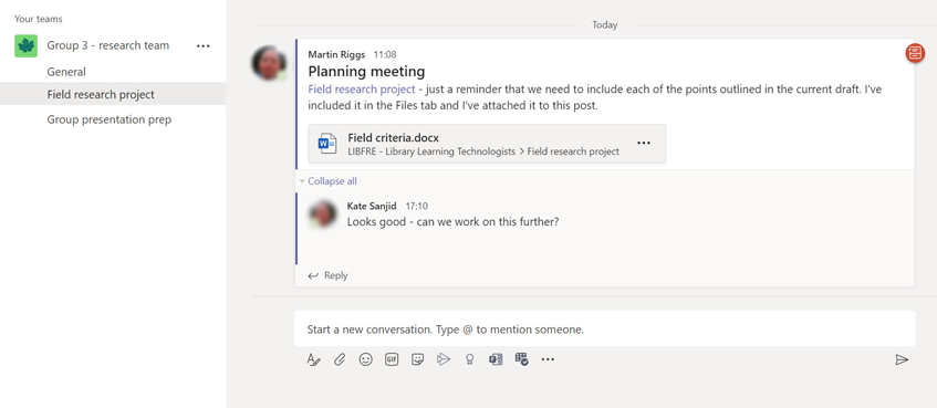 Example conversation in a channel on Microsoft Teams.