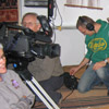 Shot showing interviewer Linda Sandino, crew Bob Prince and Ben Atkins and Peter Collingwood