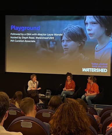 Curating student Steph Read in conversation with Laura Wandel at Watershed in 2023, photo: courtesy Watershed