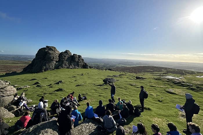 Students on Haytor, Devon, exploring landscape evolution as part of the Year 1 Field Study in Physical Geography module.