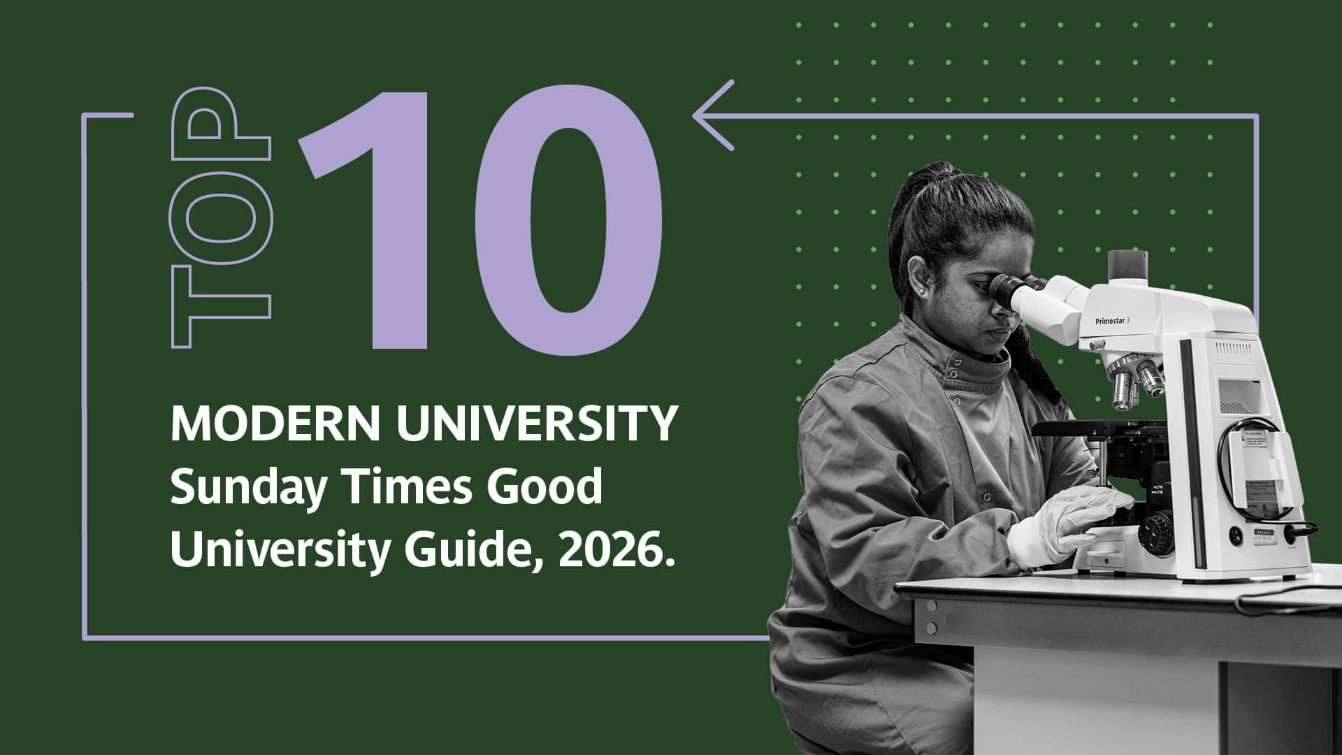 Graphic with text reading ‘Top 10 Modern University, Sunday Times Good University Guide 2026’.