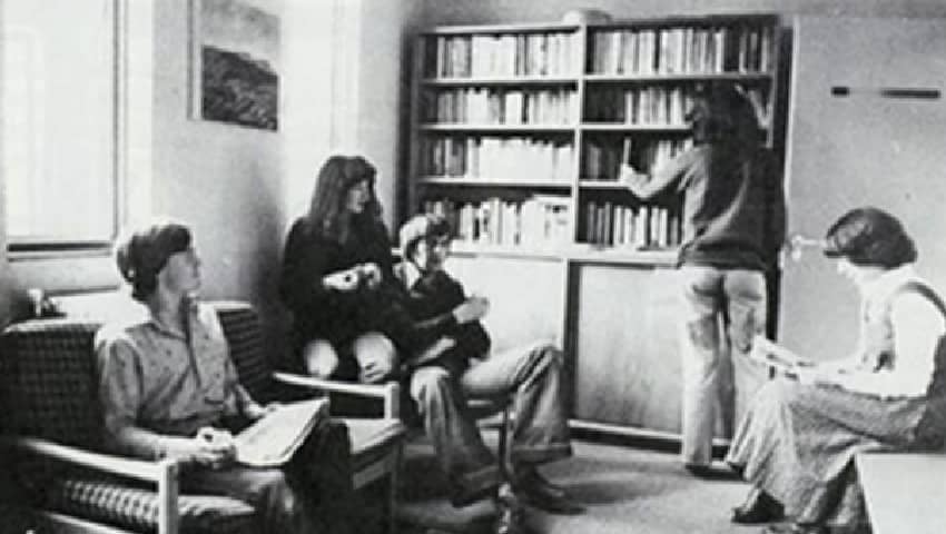 Group of students sitting in the quiet room of the Octagon.