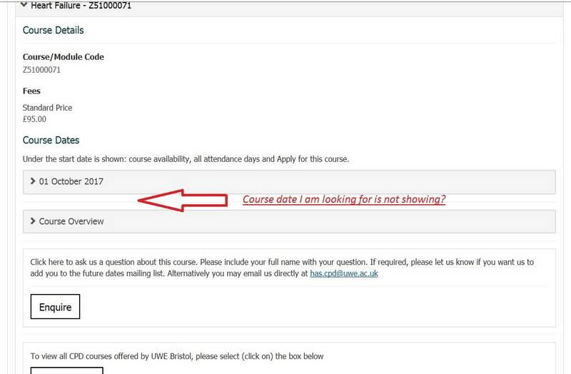 Screenshot showing course date section on CPD portal