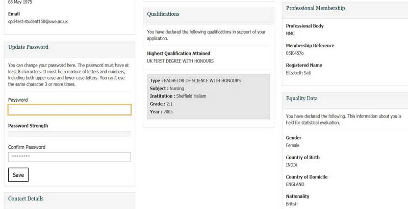 Screenshot showing how to change password on CPD portal