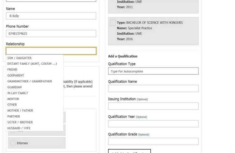 Screenshot showing how use relationships box on CPD portal