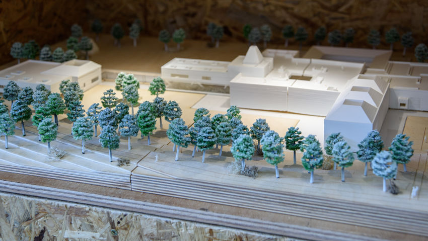 Architecture student model with trees and green spaces