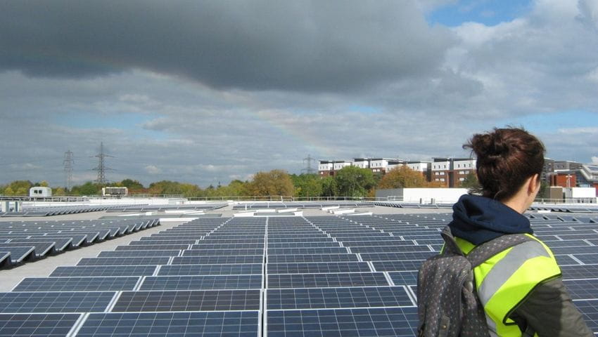 Katherine, who is studying a Masters in Multi Disciplinary Sustainable Development in Practice course looks at the solar panels on campus