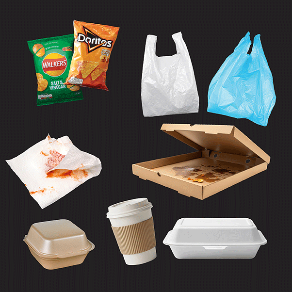 Items that can go into general waste bins, including plastic carrier bags, coffee cups and takeaway containers.