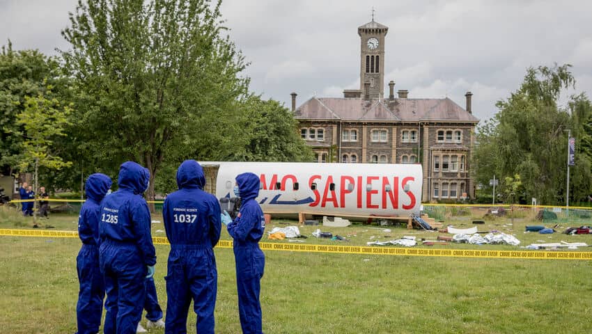 Multi-dicilpinary student air crash simulation in 2022, in front of Glenside clock tower.