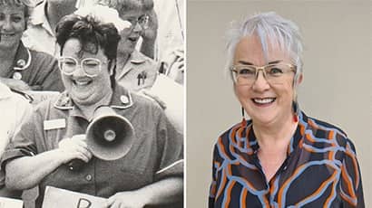 Kathy Kantor photographed as a student versus modern day