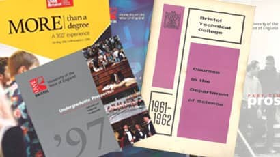 Collage containing a selection of UWE Bristol prospectuses.
