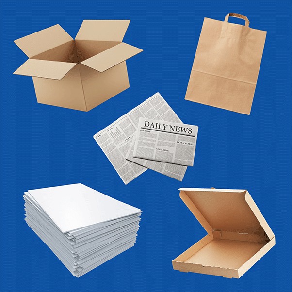 Recyclable paper and card items including a stack of paper, newspapers, a cardboard box and paper bag.