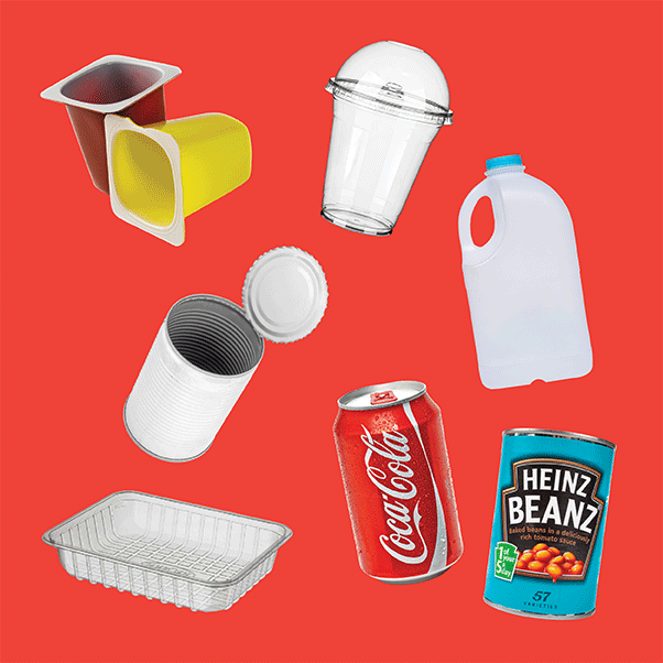 Items that can be placed in plastic recycling bins, including yoghurt pots, milk bottles, a drink container and empty food cans.