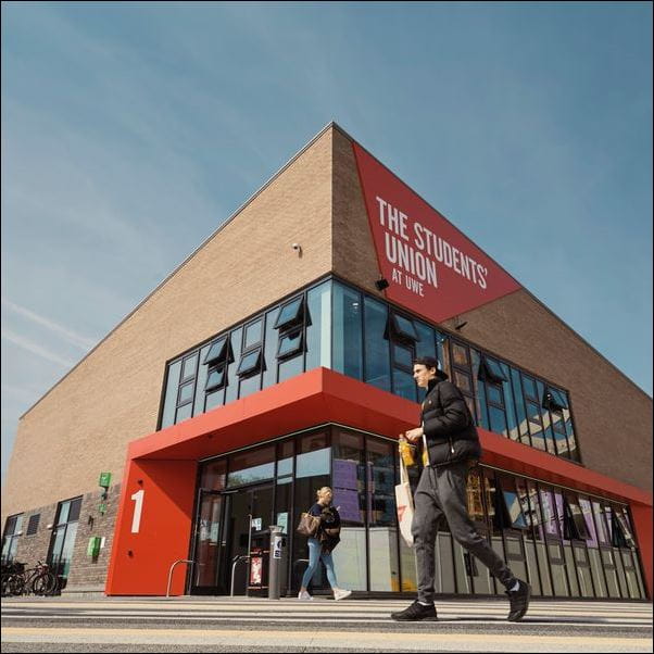 Students walking past The Students' Union at UWE building on Frenchay Campus.
