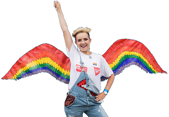 Young woman with rainbow wings celebrating Pride 