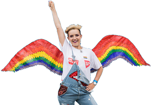 Young woman with rainbow wings celebrating Pride 