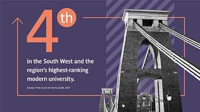 A colourful graphic showing a stat and a grey scale photo of Clifton Suspension Bridge.