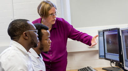 Academics looking at a technical scan on a computer.