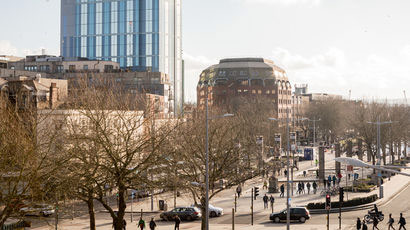 Bristol city centre shot from the top of a hill.