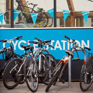 Row of bikes at a bike shed on Frenchay Campus.