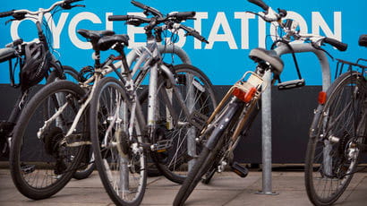 Row of bikes at a bike shed on Frenchay Campus.