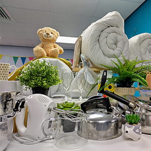 An example of items available from the Sustainability Hub, including pots, pans, small electricals and duvets.