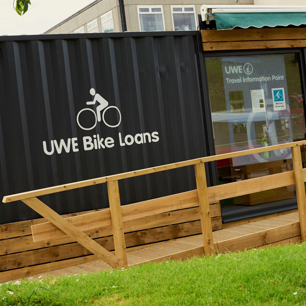 UWE transport info point with bike loans sign
