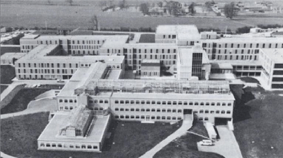 Black and white view of Frenchay campus buildings.