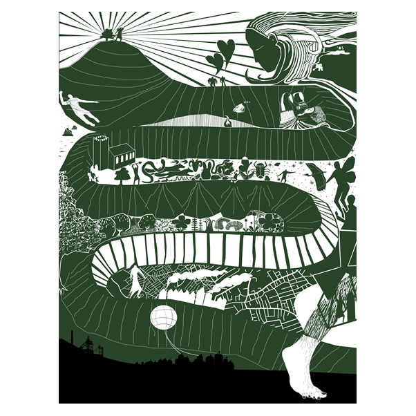 Abstract green and white illustration of a winding path with symbolic scenes.