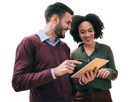 Two people looking at a clipboard.