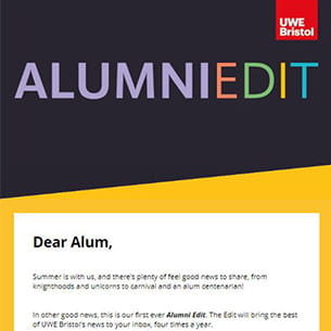 Header of the first Alumni Edit newsletter showing multicoloured words 'AlumniEdit' against a black background.