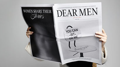 An image of someone reading a newspaper titled "Dear Men"