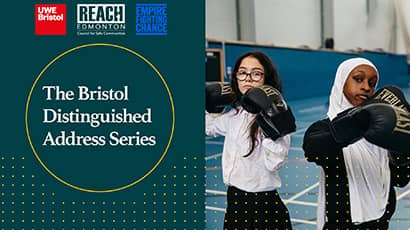 A graphic advertising an event which includes the text Bristol Distinguished Address Series and two young women in school clothes with boxing gloves on