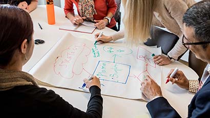 Close up of a flipchart page with group adding notes to it