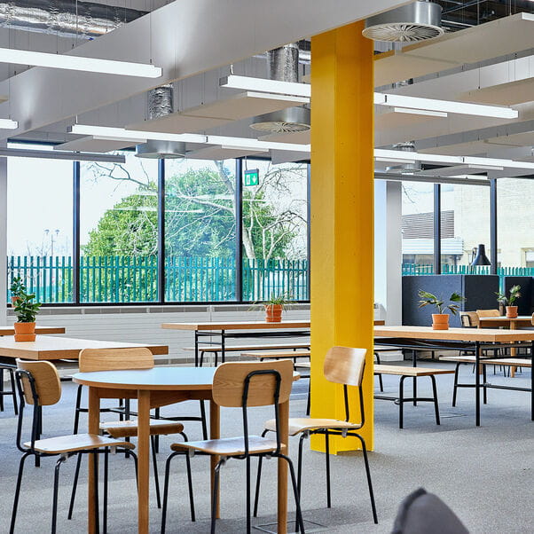 The hub café area a clean, modern and airy space for networking and events.