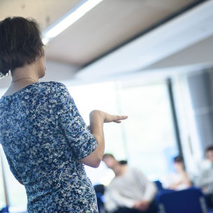 Person giving a presentation in a meeting room.