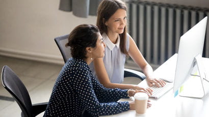 Two employees working in an office on a computer