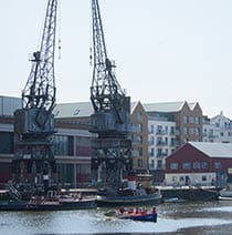 A shot of the cranes outside M Shed on Bristol harbourside.